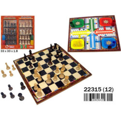 JUEGO PARCHIS, AJEDREZ Y DAMAS TABLERO DE MADERA 3 EN 1 CON ACCESORIOS