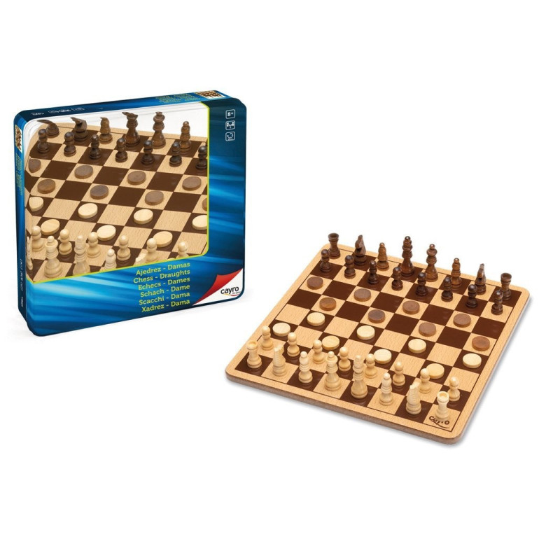JUEGO AJEDREZ Y DAMAS DE MADERA EN CAJA DE METAL