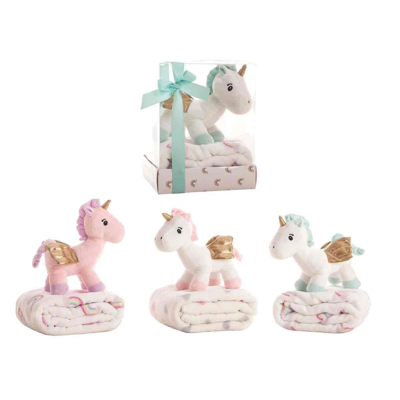 PELUCHE UNICORNIO 26 CM CON MANTA CORALINA 90X75 CM