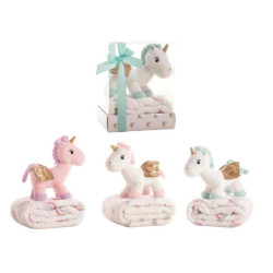 PELUCHE UNICORNIO 26 CM CON MANTA CORALINA 90X75 CM