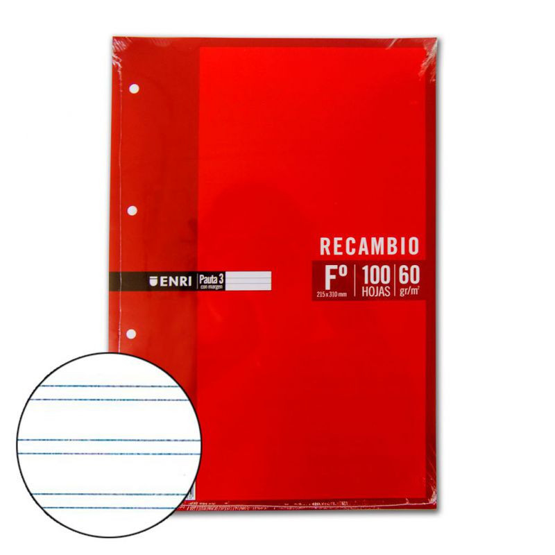 RECAMBIO Fº 2 RAYAS PAUTA 3 MM 100 HOJAS 60 GR